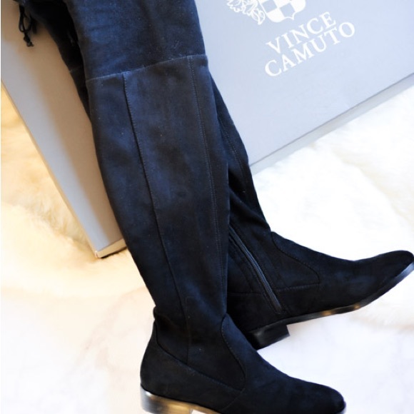 Vince Camuto Shoes | Vince Camuto Crisintha Over-The-Knee Flat Boot Navy Blue Stretch Zip Sz 11 | Color: Black/Blue | Size: 11 | Pm-77365115's Closet